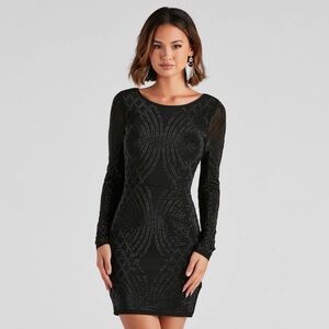 Black Long Sleeve Rhinestone Dress